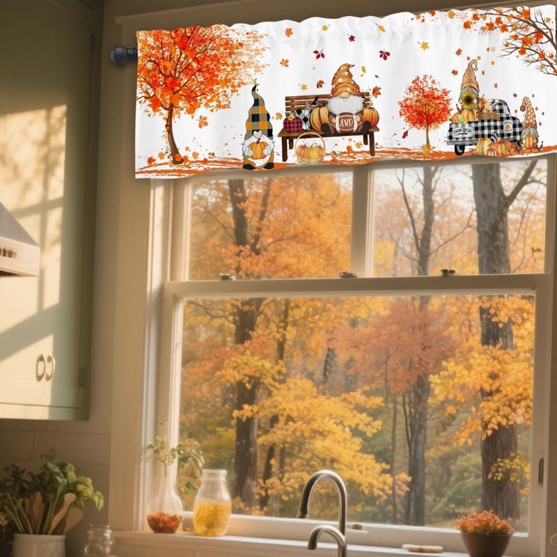 Finphoon Fall Kitchen Valances for Windows, Gnome Pumpkin Leaves Window Valances 54x18, Autumn Thanksgiving Farmhouse Rod Pocket Valance Curtains for Living Room Bedroom - Image 5